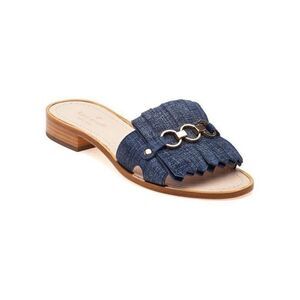 Kate Spade Kiltie Denim Leather Slide Sandals Gold Rings